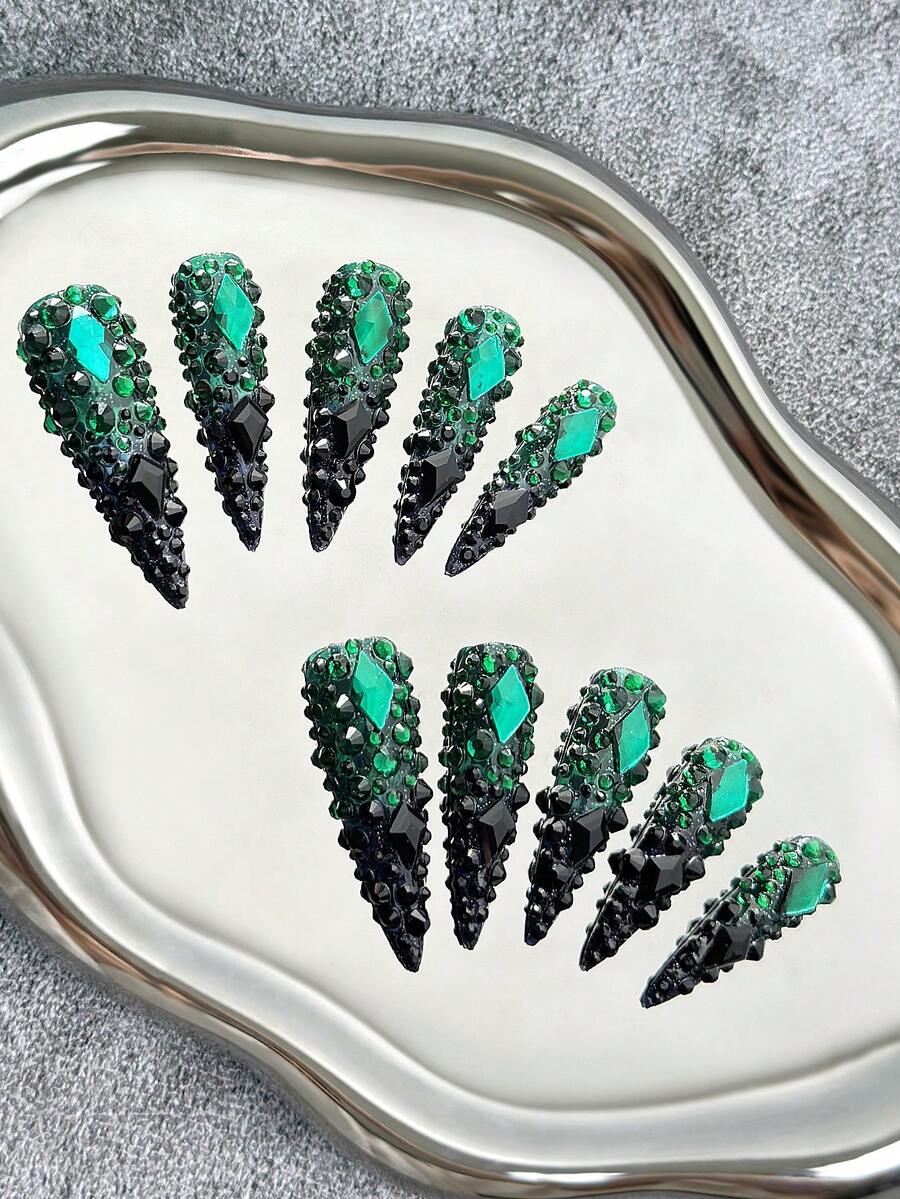 45 毫米超长细高跟指甲法式按压指甲多色指甲贴，全覆盖水钻闪亮，3D 色块设计和前卫 Y2K 图案全覆盖奢华光泽假指甲 10 件/套美甲用品指甲