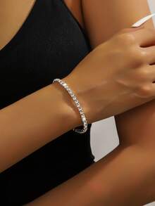 Mujer 2 piezas Pendientes simple con elegante largo cuadrado diamante completo para novia - Plateado - Ver 16