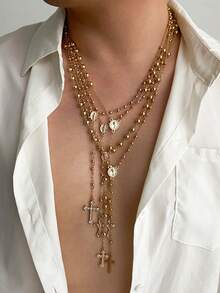 5pcs Vintage Punk Metal Multielem Cross Jesus Pendant Y Necklace Set, Fashion Creative Beaded Layerable & Standalone Long Necklace, Charming Jewelry Set For Men Daily Decoration - Yellow Gold - View 9
