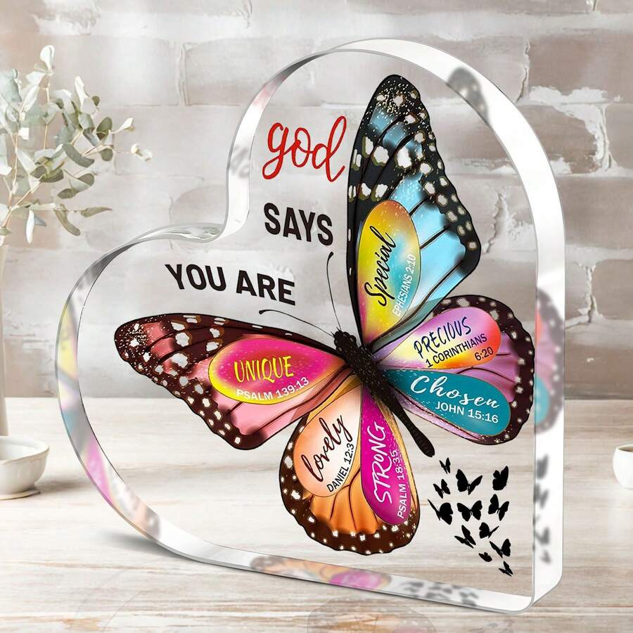 1pc Bible Verses Heart Acrylic Gift - Butterfly Acrylic Plaque, Birthday Gift, Home Office Desktop Decor Plaque - 1 cái - Xem 1