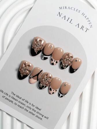 YINZIJIA 10 piezas Prensa de uñas hechas a mano de color rosa, nude y oscuro | Prensa de uñas Y2K con diseño floral tallado en 3D | Uñas postizas elegantes adecuadas para reuniones diarias | Regalos para damas y niñas, accesorios de uñas de moda, suministros de uñas