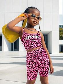 2pcs Outfit With Leopard Print Tank Top And Cycling Shorts For Outdoor - Hot Pink - View 4