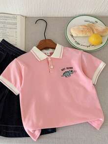 Kid's Polo Shirt, Summer 2025 New Arrivals, Boys & Girls Colorblock Lapel Short Sleeve Tee Tops - Pink - View 5