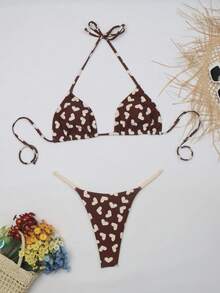 Women's Sexy Coffee Heart Halter Tie Bikini 2 Pieces Set