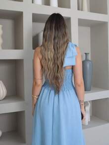 Helena Luxury Dune Linen Midi Dress With Bow On The Sleeve - أزرق فاتح اللون - مشاهدة 5