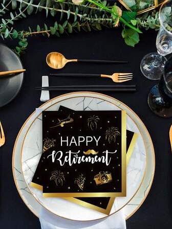 20Pcs Happy Retirement Party Napkins - Black & Golden Retirement Party Napkins - Elegant "Happy Retirement" Design With Glittering Stars ,Airplane And Fireworks, Perfect For Farewell Celebrations, Teacher Appreciation & Retirement Decorations