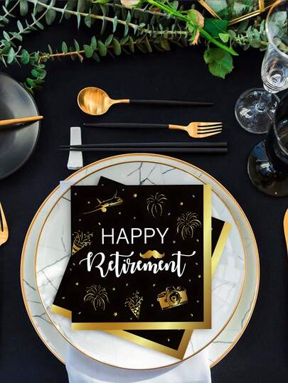 20pcs Happy Retirement Party Napkins - Black & Gold Color - Elegant "Happy Retirement" Design With Shiny Star, Plane And Firework Patterns, Perfect For Farewell Parties, Teacher's Day And Retirement Decorations.