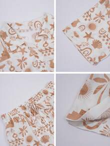 PoPoHouse 女士两件套夏季套装，波西米亚风休闲时尚装扮，度假沙滩套装，碎花短袖衬衫和短裤套装，女士度假服饰