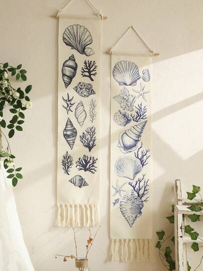 1pc Nautical Ocean Shell Wall Hanging Tapestry, Decorated With Coral And Starfish Patterns, Creating A Coastal Vibe, Boho Style Home Decor, Tassel Trim Design, Suitable For Beach House, Living Room, Bedroom, Bathroom, Summer Party, Etc.