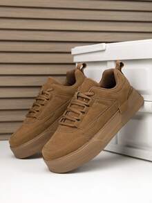 Men's Fashionable Solid Color Patchwork Front Lace-Up Skate Shoes, Lightweight Casual Outdoor Sports Sneakers For Couples - Brown - View 3