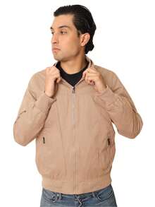 Chamarra Cazadora Hombre Tipo Bomber Juvenil Cuello Redondo Cremallera Boton Ajustable 100% Algodon Casual Formal e Informal Salidas Viaje Moda - Beis - Ver 2