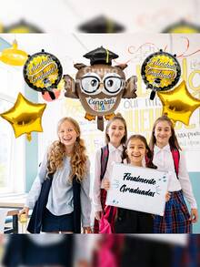 Kit de 5 Globos Metálicos de Graduación Buhito Graduado Fiesta de Graduación Prom GRUPO CARNAVALLIA - Negro - Ver 5