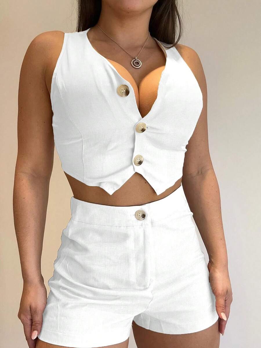 Conjunto de chaleco y pantalón corto de traje de 2 piezas para mujer, escote en V sin mangas de un solo pecho adecuado para primavera y verano, de alta gama y adecuado para viajar al trabajo y uso diario. - Blanco - Ver 1