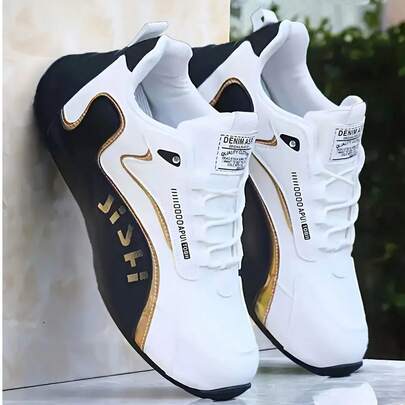 Men Black And Gold Color Casual Sports Shoes - Low-Top Design, PU Upper And PVC Sole, Comfortable Fabric Lining, Suitable For Casual Wear