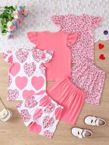 6pcs/Set Girls Casual Heart Print & Solid Top + Heart Print & Solid Shorts Outdoor Suit, Spring & Summer - Multicolor - View 2