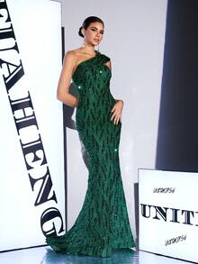 UNITHORSE [Random Cut] Women's Elegant High Workmanship Sequin One-Shoulder Asymmetrical Short Sleevess Slim-Fitting Ball Gown Evening Dress, Bride Dress, Birthday Women Outfits, Graduation Dress, Formal Dress, School Clothes - 墨綠色 - 查看 1