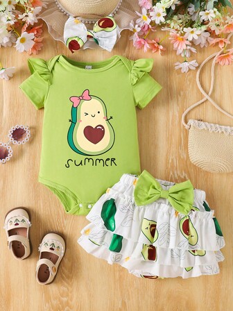 2pcs Baby Girls' Cute Avocado Print Cap Sleeve Bodysuit And Avocado Digital Print Skirt Sweet Set, Spring/Summer