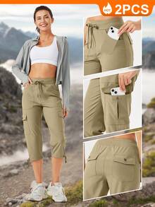 2 Piece Set Women's Cargo Capris Hiking Pants Lightweight Quick Dry Outdoor Athletic Travel Casual Loose Comfy Cute Pockets - 黑色-落葉綠 - 查看 5