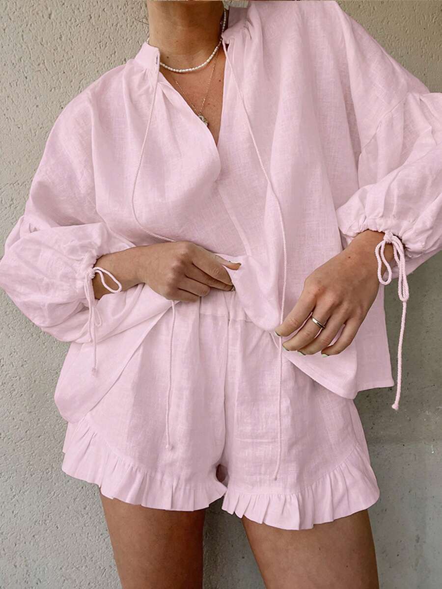 Women Linen Set Puff Long Sleeve V Neck Front Tie Shirt Ruffle Boxer Shorts Set 2 Piece Lounge Sets Y2K Tracksuit - Pink - View 1