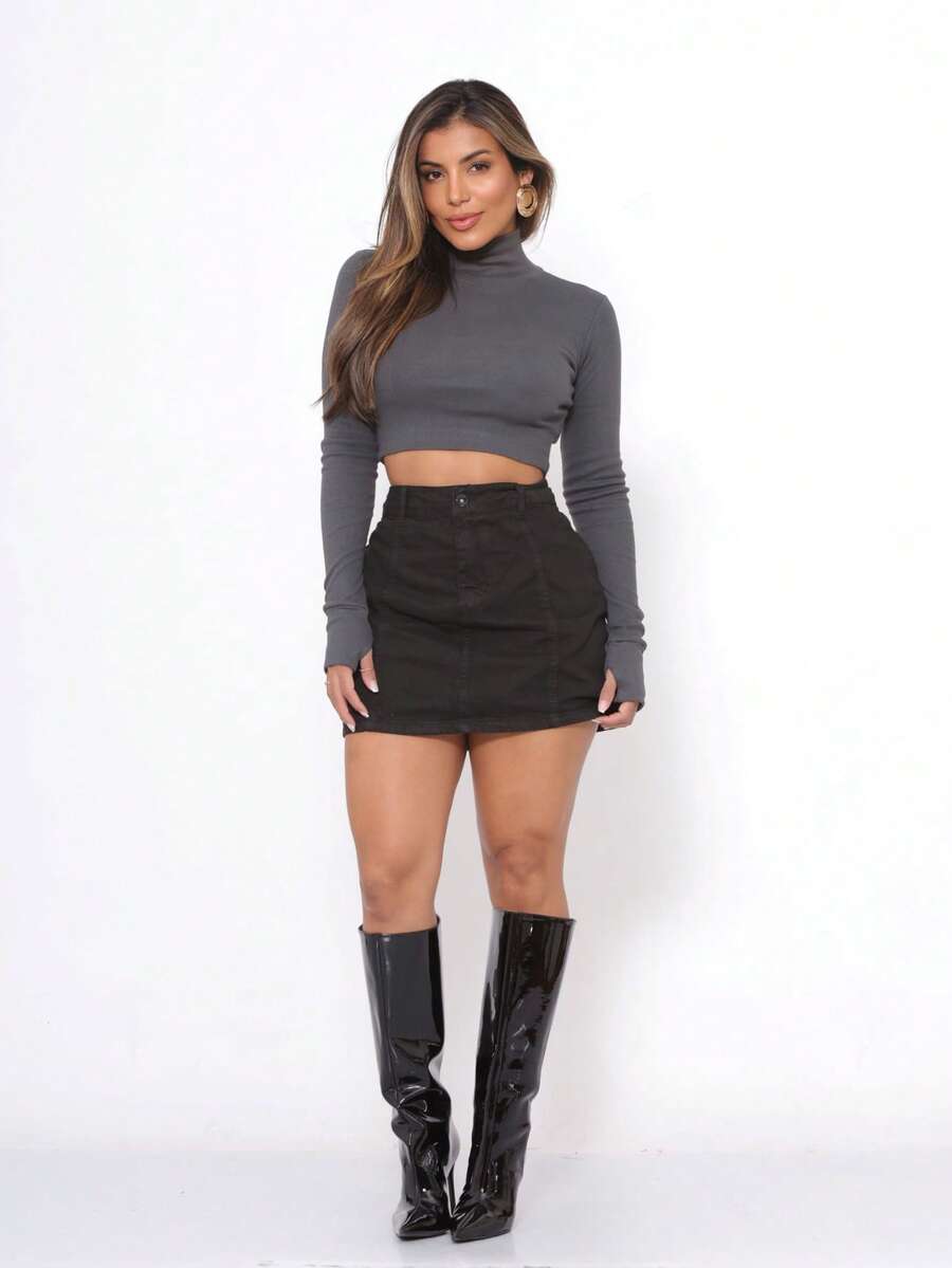 Women's Long Sleeve High Neck Ribbed Crop Top With Finger Sleeve - Dark Gray - View 1