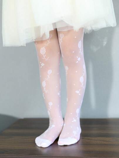 2pcs Baby/Toddler Girl Floral Patterned Thin, Highly Elastic Tights, Suitable For Year-Round Wear And Outerwear