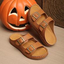 Women's Black Open Toe Slides With Dual Buckle Straps - Comfortable Thick Sole, Durable, Breathable, Non-Slip, Wear-Resistant, Spring/Summer Casual Shoes, Outdoor Slippers, Slouchy Flat Sandals | Dual Buckle Design | Synthetic PU Leather