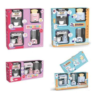 Juego de pequeños electrodomésticos de cocina de simulación para niños, que incluye cafetera, licuadora, exprimidor, panificadora, juguete de cocina eléctrico, adecuado como regalo para el Día del Niño, Año Nuevo y otros festivales.