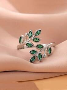Fashionable Green Rhinestone Personalized Leaf Elegant Creative Open Sterling Silver Ring Valentine's Day Gift