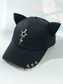 1pc Cat Ear Metal Chain Accent Snapback Baseball Cap, Playful Y2K Hip Hop Style - Black - View 2
