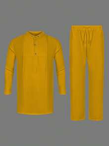 Men's White Dashiki 2-Piece Set, Casual Minimalist Design With Special Collar, Relaxed Fit Long Sleeve Shirt And Elastic Waist Pants, African Style Outfit, Suitable For Casual, Parties, Dates, Weddings, Cultural Events - Yellow - View 3