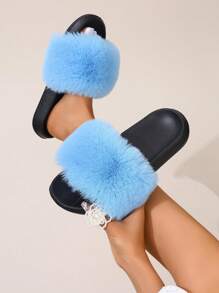 Women's Fluffy Colorful Slides, Plain Color Plush Anti-Slip Sole Beach, Indoor & Outdoor Fashion, Summer