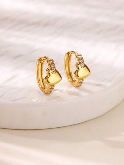1Pair Sweet Cute Zirconia Heart Hoop Earrings For Women Stainless Steel Gold Plated Earrings Wedding Engagement Daily Jewelry