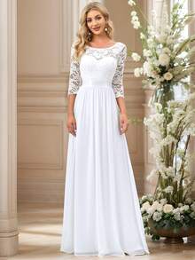 EVERPRETTY 优雅中长袖蕾丝撞色网眼高腰超长单身派对礼服新娘送礼会礼服，新娘婚纱白色礼服订婚礼服