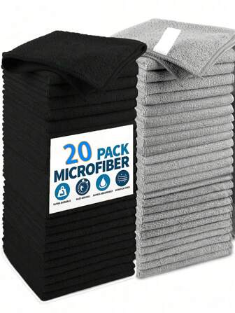20-Piece Black And Gray Microfiber Cleaning Towel Set, Ultra Soft And Quick Drying, Various Quantities Available, Suitable For Kitchen, Bathroom, Home, Household Items