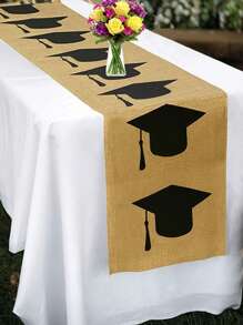 Graduation Decorations 2025 Season Pattern Table Runner Decoration Table Season Dining Table Runner,Graduation Gifts,Indoor & Outdoor ,Congratulations Graduation Table Cover With Hat Pattern,Tablecloth, Rustic Graduation Theme Tablecloth, Decoration, Suitable For Party, Room Decoration