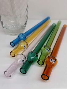 3Pcs Cute Cartoon Big-Eye Glass Straws With Brushes, Colorful Reusable Drinking Straws For Smoothies, Bubble Tea, Milkshakes, Party Supplies, Easy Clean