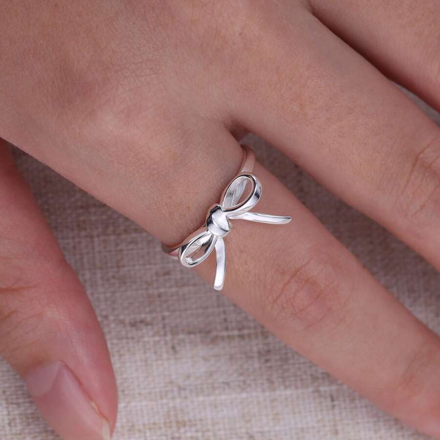 1pc Fashion 3D Bowknot Design S925 Silver Finger Ring, Elegant Luxury Women Jewelry Accessories - Bow Silver - View 1