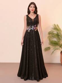 Women's Sequin A-Line V Neck Embroidery Gown Sleeveless Party Dresses Appliques Long Evening Gown, Formal, For Wedding Guest - Black - View 3