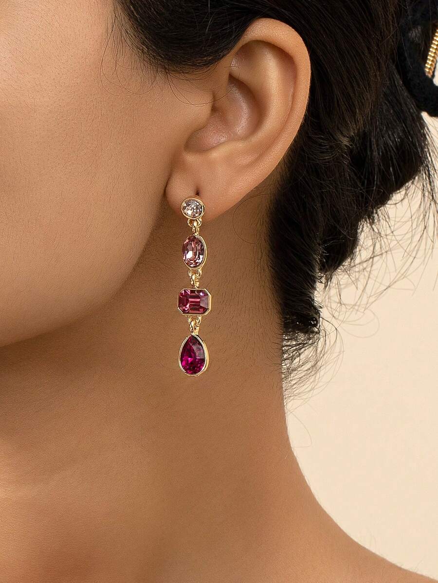 1 对水钻装饰优雅耳环，适合日常和节日佩戴 - 彩色 - 查看 1