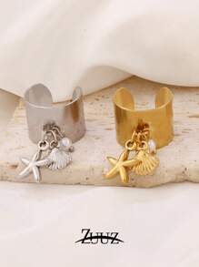 1 pièce Bague large ouverte en acier inoxydable et plastique ronde avec pendentif coquillage de perle et étoile de mer. Cadeau de bijoux charmants pour femmes, convient pour un port quotidien