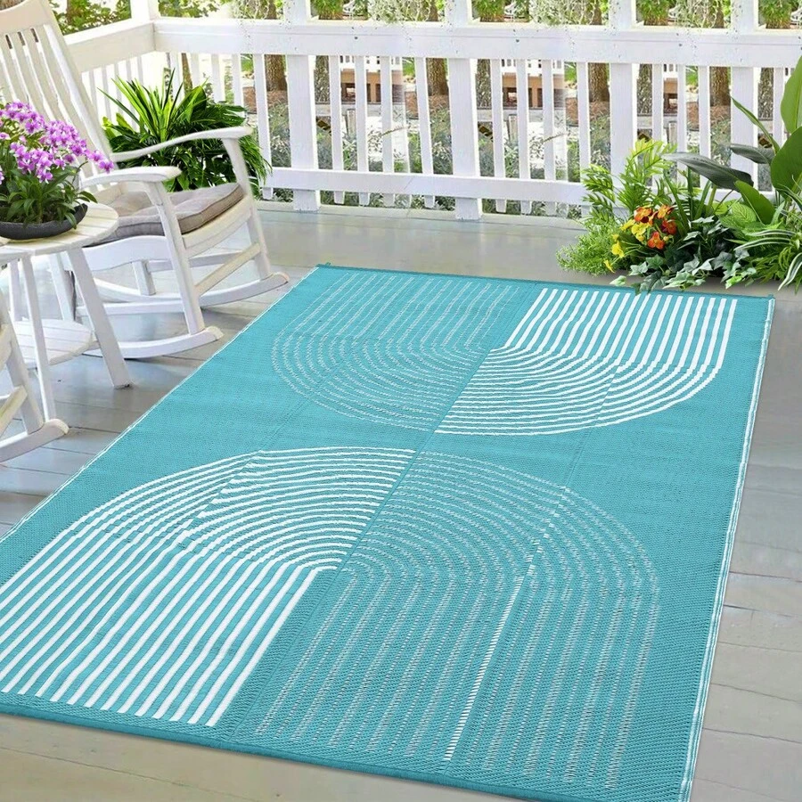 Outdoor Rug Waterproof Rugs For Patio, All-Weather Lightweight Portable Straw Carpet Large Blue Outside Reversible Balcony Rug For Porch Camping Deck RV, Outdoor Use, Modern Arch Stripes, 6x9ft 8x10ft 9x12ft, Light Blue And White - Light Blue/White - View 1