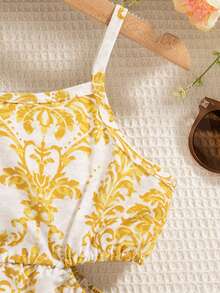 女童热带印花镂空腰部度假无袖吊带裙，夏季 - 芥末黃 - 查看 8