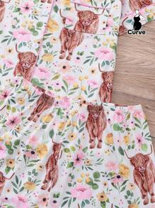 2 Pieces Set Highland Cow Print Women Plus Size Sleepwear Set, Including Soft Short Sleeve Collared Button Shirt Top And Elastic Waist Loose Shorts, Stylish Loungewear For Holiday Party, Home & Outdoor Casual Use