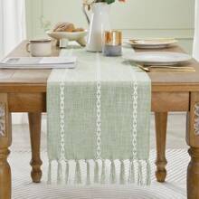 1 peça Toalha de mesa de linho estilo country, caminho de mesa bordado de fazenda com borlas feitas à mão, 182,4 cm de comprimento, adequada para festas, cômodas e decoração de sala de jantar (33,0 cm x 182,4 cm)