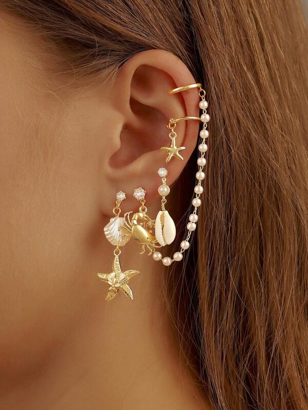 4 Pcs Summer Beach Shell Starfish Earrings Set For Women Sea Life Crab Earring Mini Starfish Ear Cuff Vacation Jewelry For Women