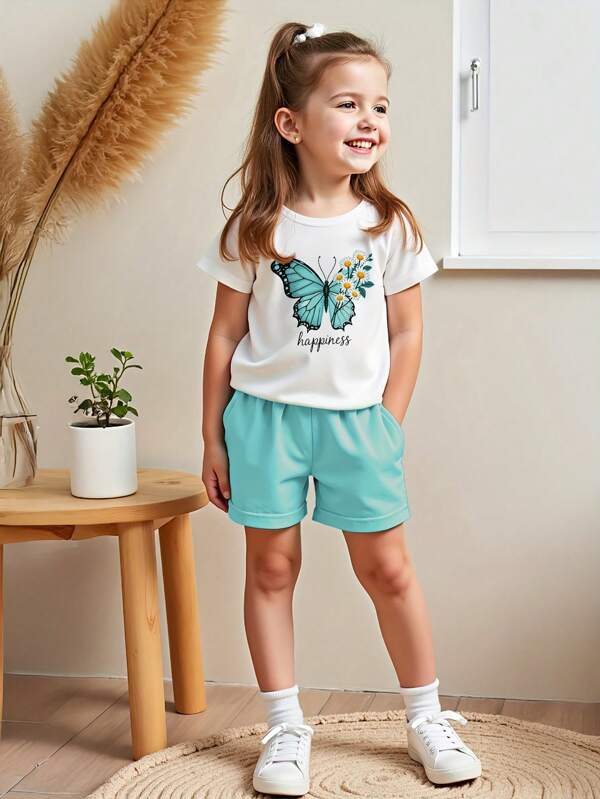 Jong meisje zomer vlinder print mode korte mouwen T-shirt + mintgroene comfortabele shorts set