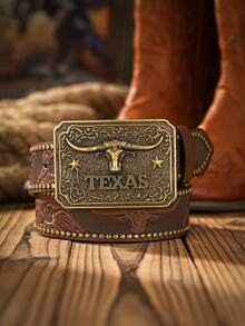 1pc Western Style Bull Head Buckle PU Embossed Belt With Rivet Design, Vintage & Personalized (Hole Puncher Included) Halloween, Casual, Business, Street,   Boho, Western, Outdoor, Gift For Men, Husband, Boyfriend, Father, Dad, Christmas - As Shown - View 7