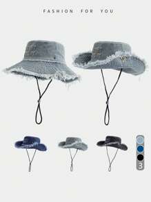 1 pieza Gorro cubo unisex vintage lavado con cordón, bordado y desgastado, sombrero versátil de protección solar para deportes al aire libre, viajes, playa y ocasiones casuales