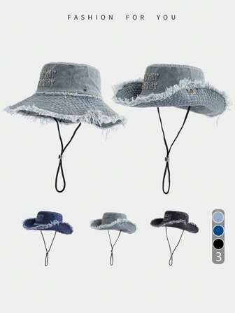 1 pièce Chapeau de seau à cordon vintage avec lettres brodées et délavé, chapeau de protection solaire polyvalent pour les sports d'extérieur, les voyages, la plage et les occasions décontractées