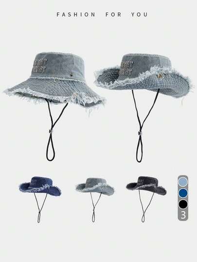 1pc Unisex Distressed Embroidered Letter Vintage Washed Drawstring Bucket Hat, Versatile Sun Protection Hat For Outdoor Sports, Travel, Beach, Casual Occasions